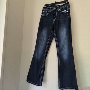 Rebel Jeans Women's 9/27 Distressed Jewel Pocket Detail Wide Leg Mid Rise Dark
